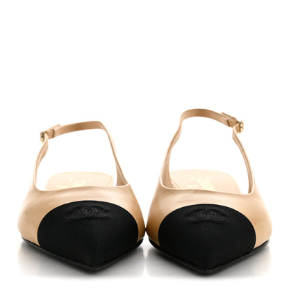 Chanel Goatskin Grosgrain Pointed Toe CC Slingback Flats 37.5 Beige Black 3 of 10