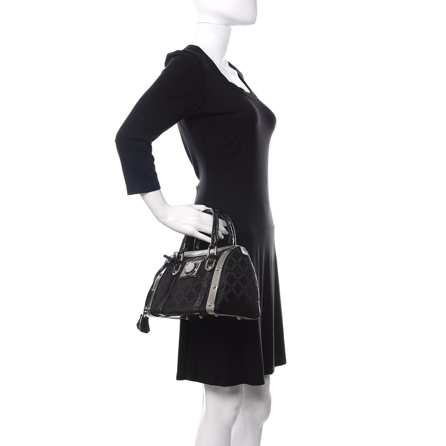 Saffiano Crocodile Embossed Calfskin Nylon Madonna Satchel Black Silver