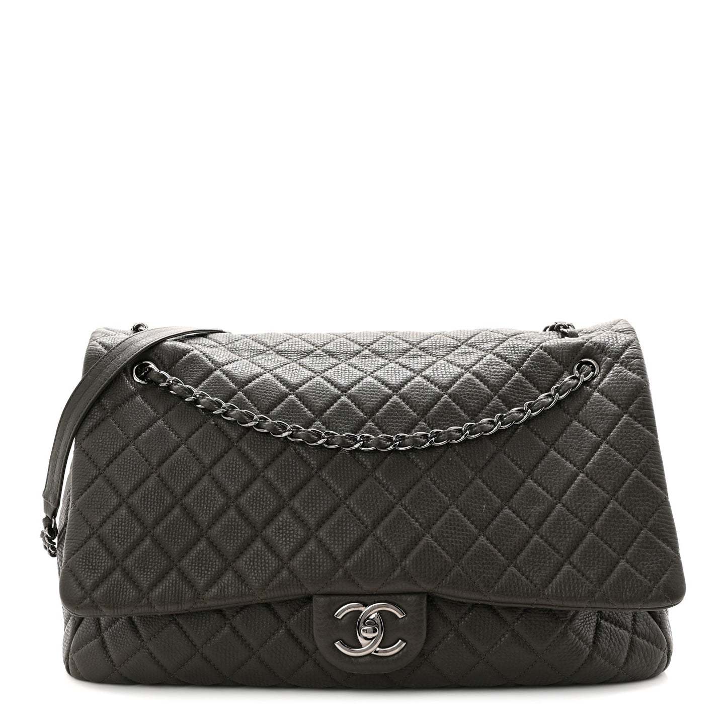 Calfskin Quilted XXL Travel Flap Bag Khaki