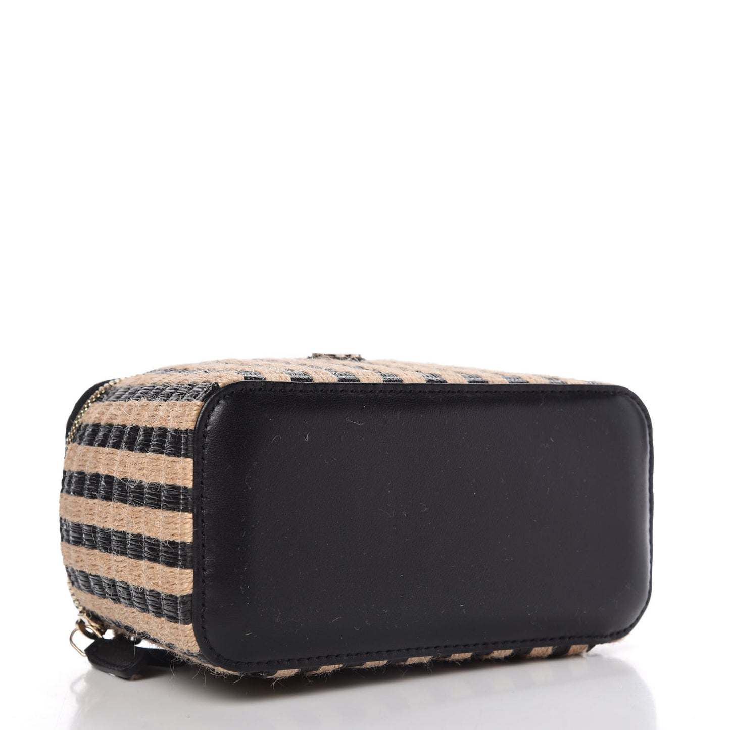 Raffia Jute Striped Small Vanity Case With Chain Black Beige