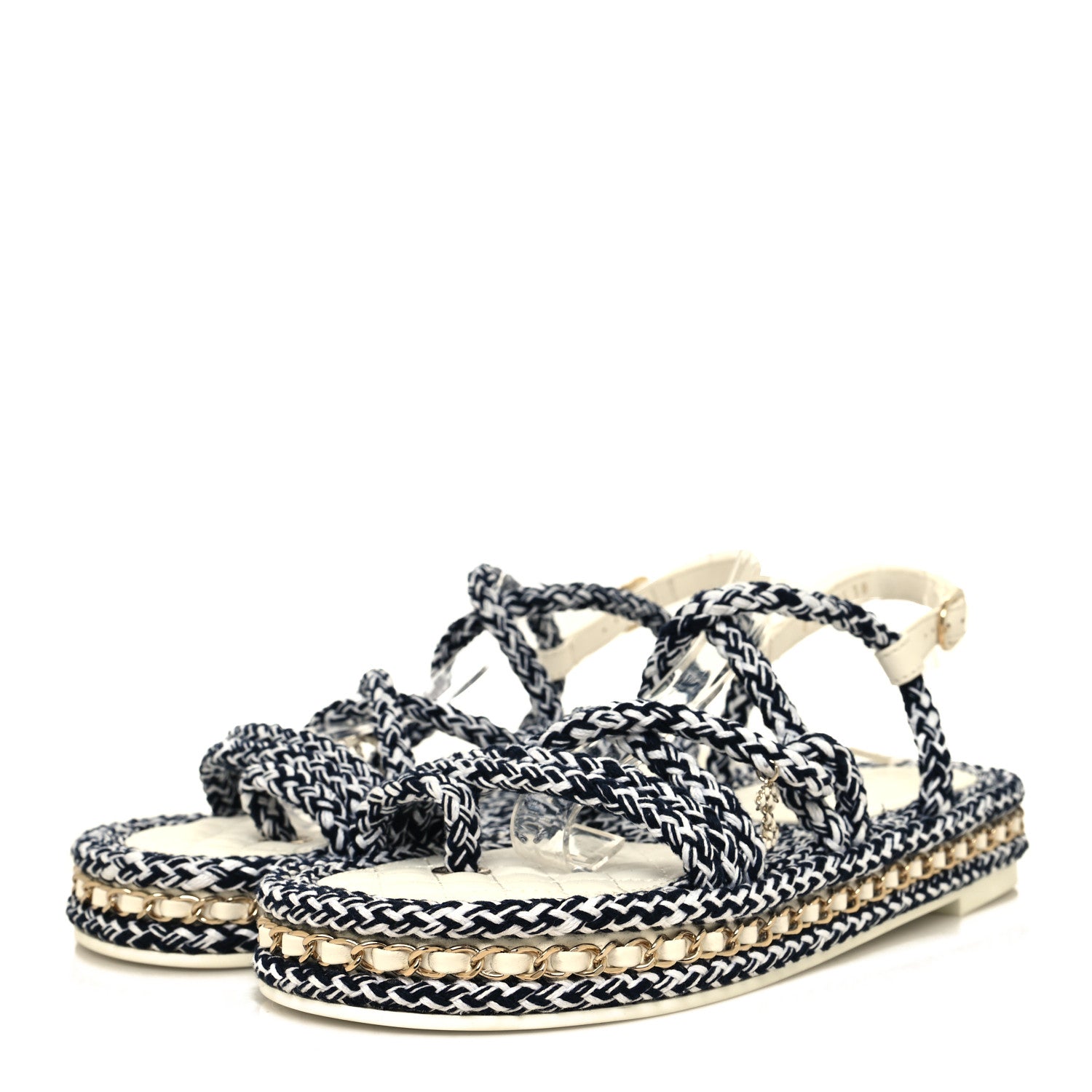 Chanel Lambskin Cord Chain CC Sandals 38 Navy White 3 of 8