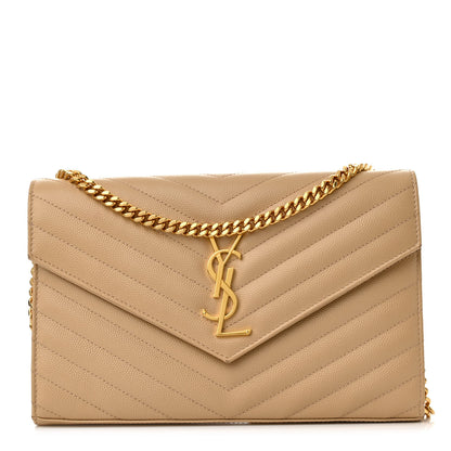 Saint Laurent Grain De Poudre Matelasse Chevron Monogram Chain Wallet Dark Beige 1 of 11