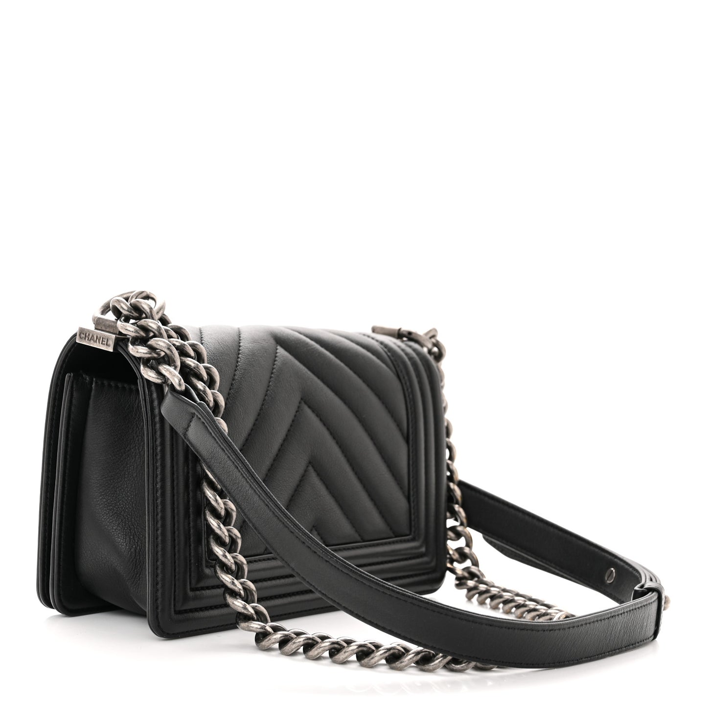 Calfskin Chevron Quilted Small Boy Flap Black