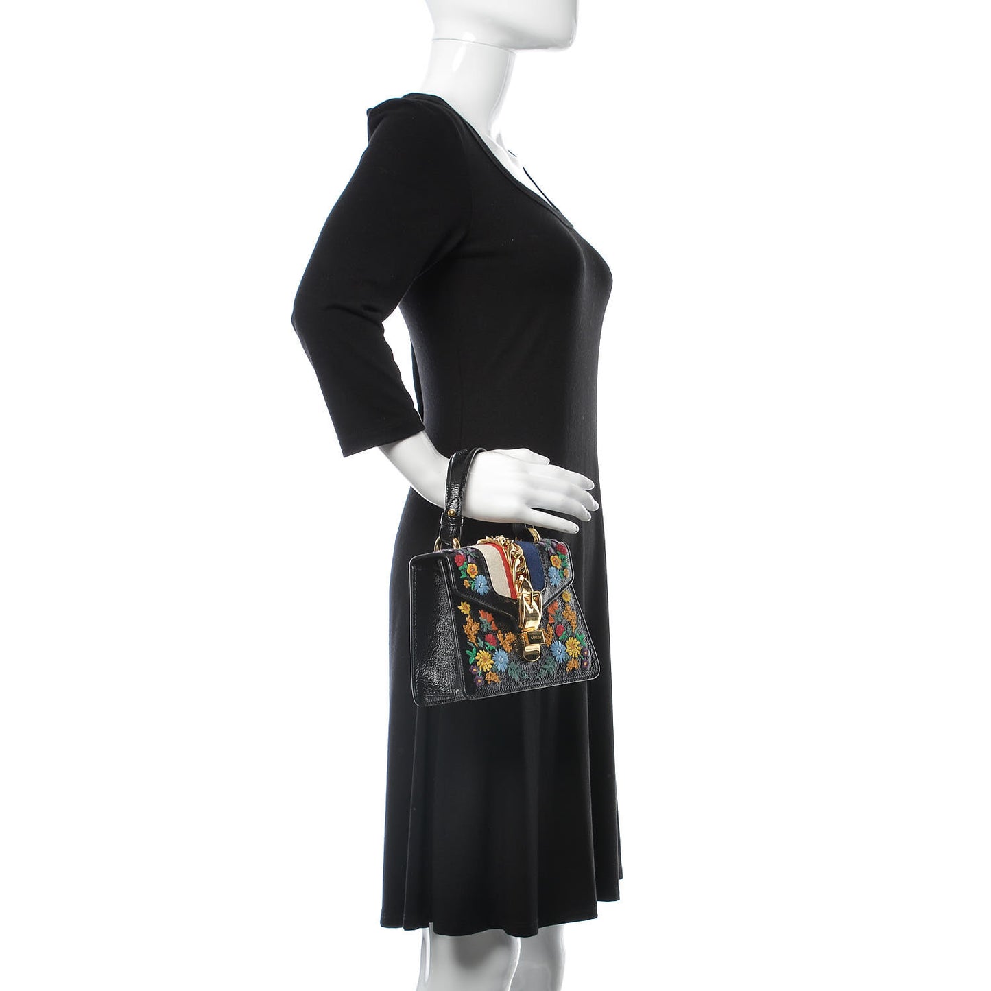 Patent Embroidered Mini Sylvie Top Handle Bag Black