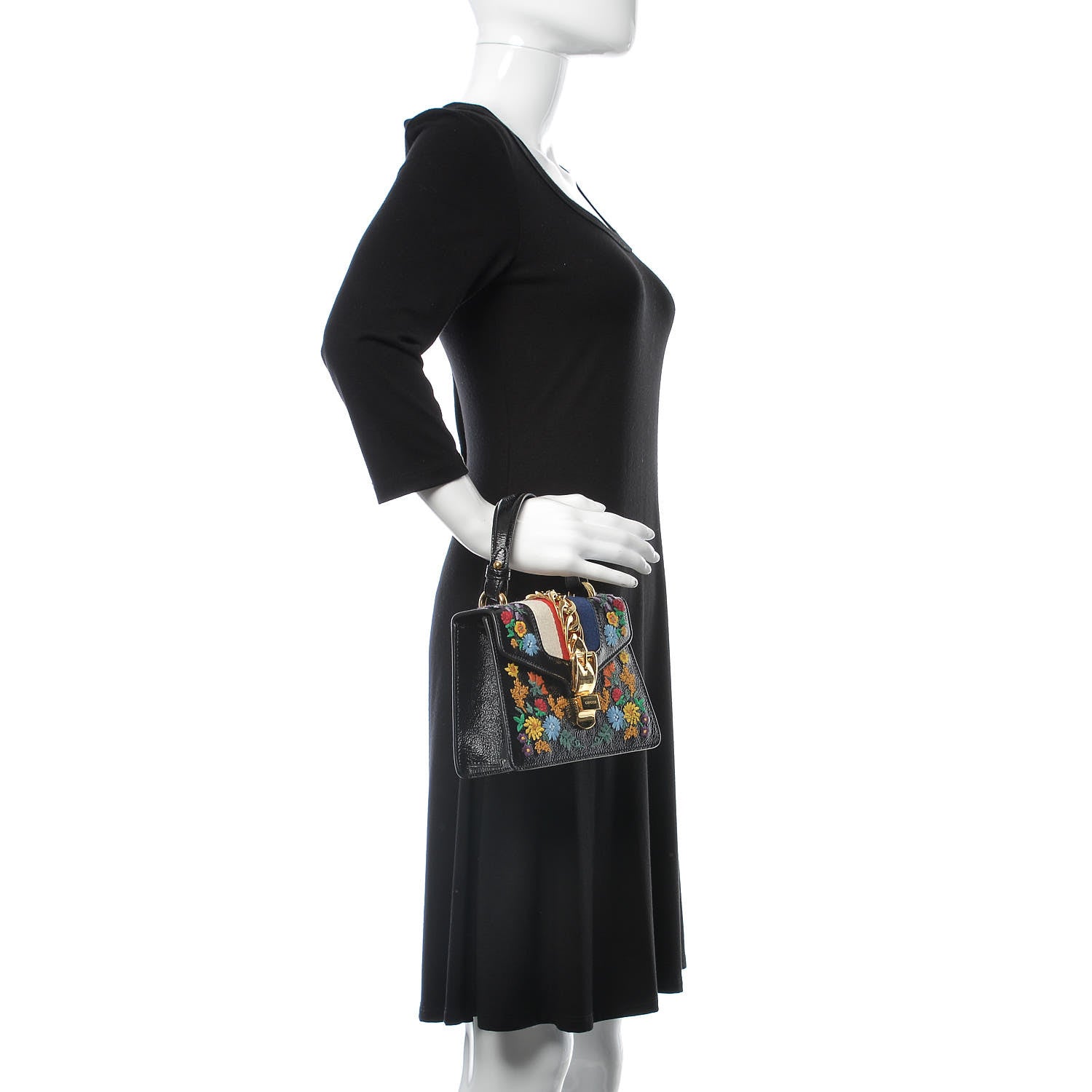 Gucci Patent Embroidered Mini Sylvie Top Handle Bag Black 2 of 9
