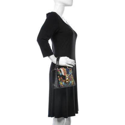 Gucci Patent Embroidered Mini Sylvie Top Handle Bag Black 2 of 9