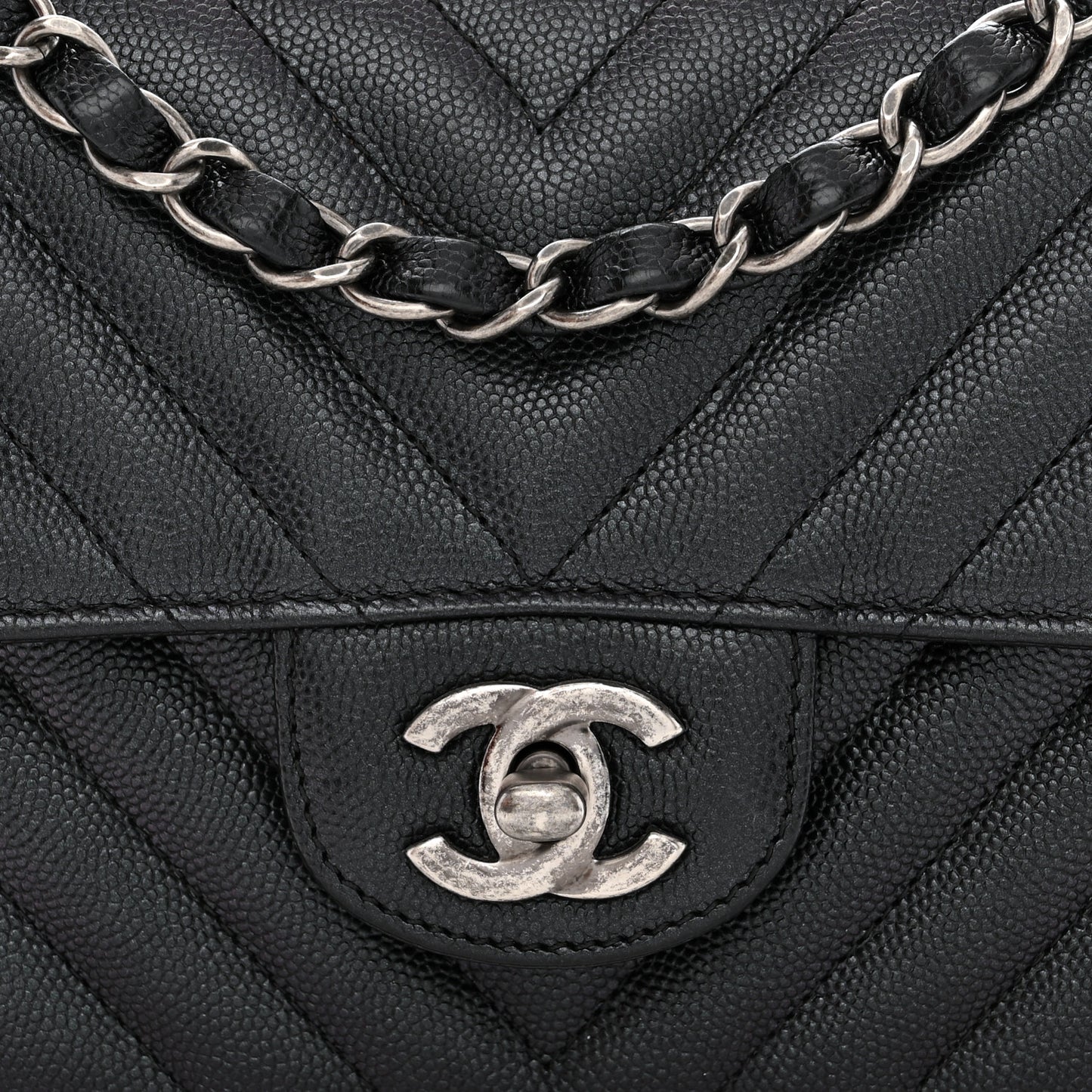 Metallic Caviar Chevron Quilted Mini Rectangular Flap Black