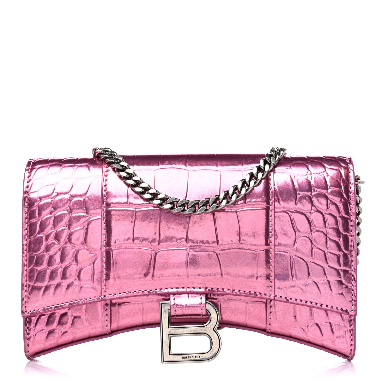 Balenciaga Metallic Shiny Calfskin Crocodile Embossed Hourglass Chain Bag Pink 1 of 13