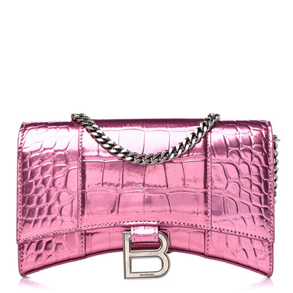 Balenciaga Metallic Shiny Calfskin Crocodile Embossed Hourglass Chain Bag Pink 1 of 13