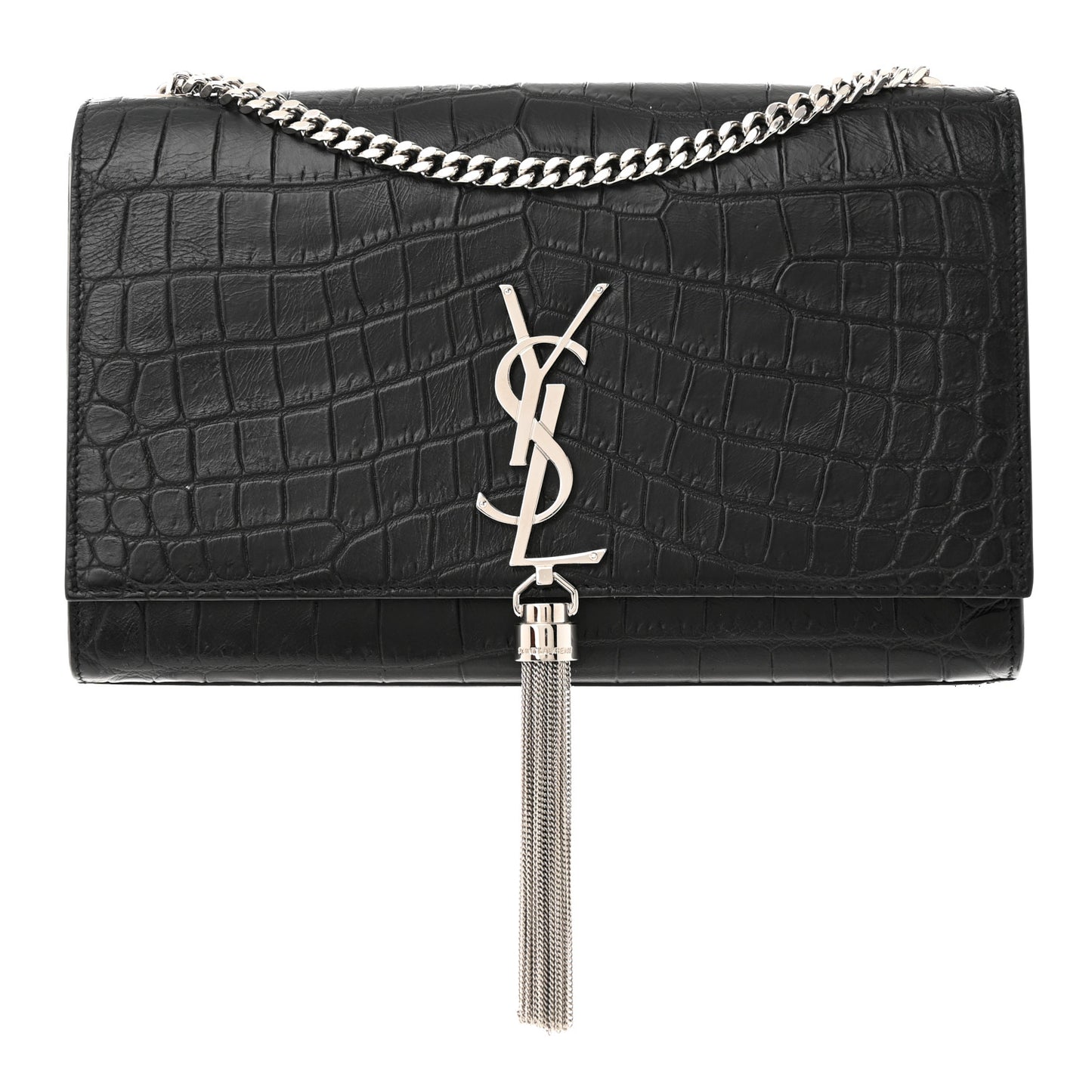 Calfskin Crocodile Embossed Medium Classic Monogram Kate Tassel Satchel Black