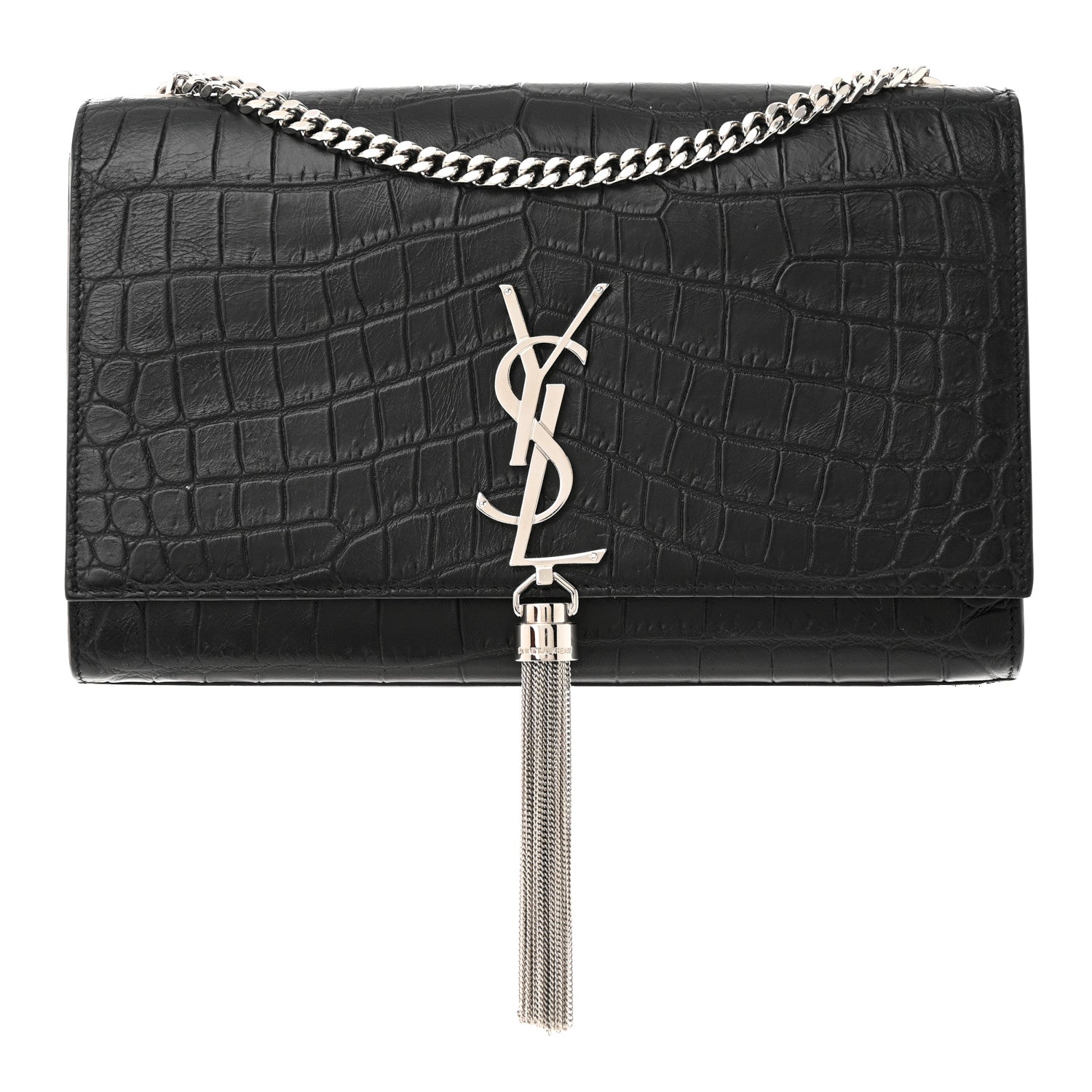 Saint Laurent Calfskin Crocodile Embossed Medium Classic Monogram Kate Tassel Satchel Black 1 of 10