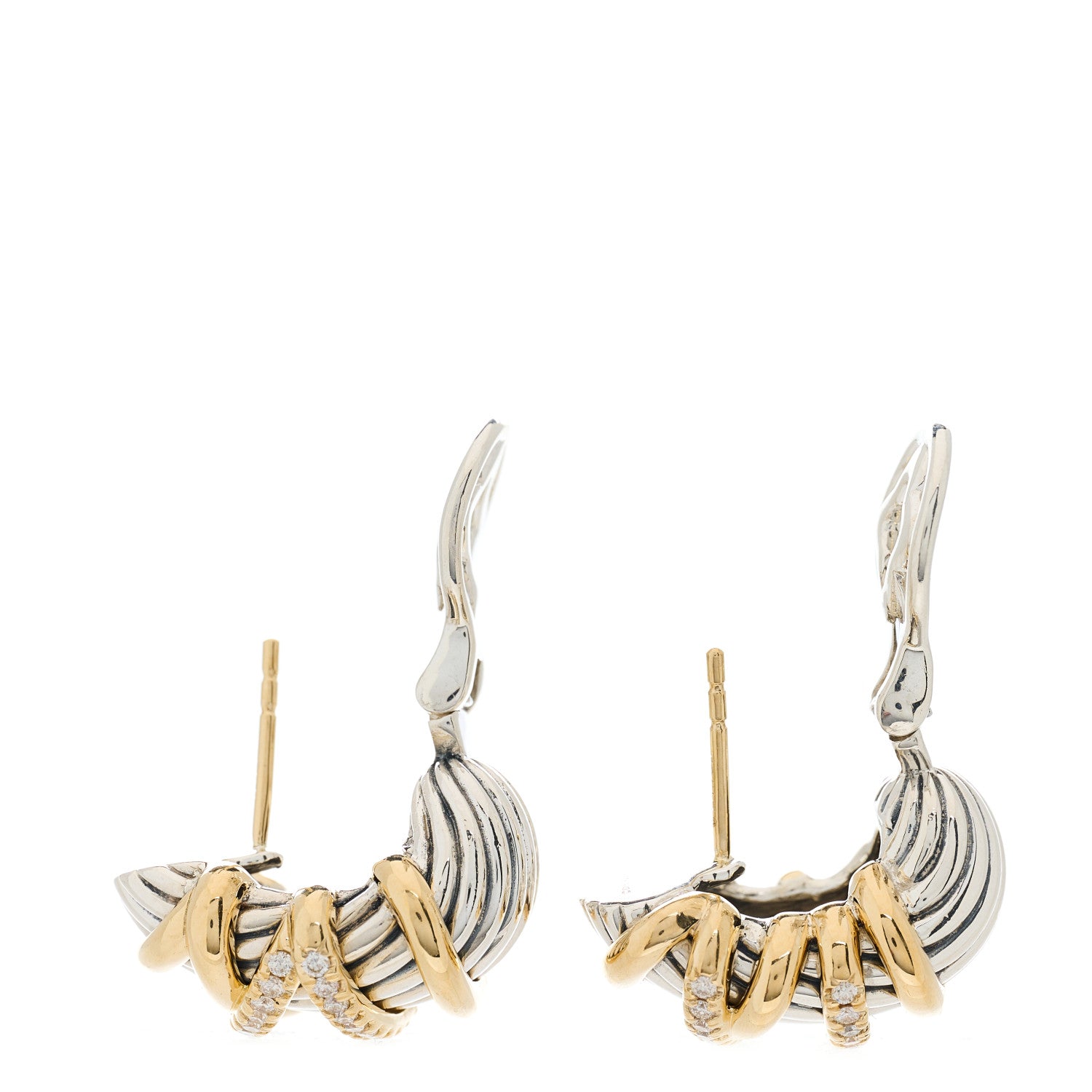 David Yurman 18K Yellow Gold Sterling Silver Diamond Helena Shrimp Earrings 2 of 3