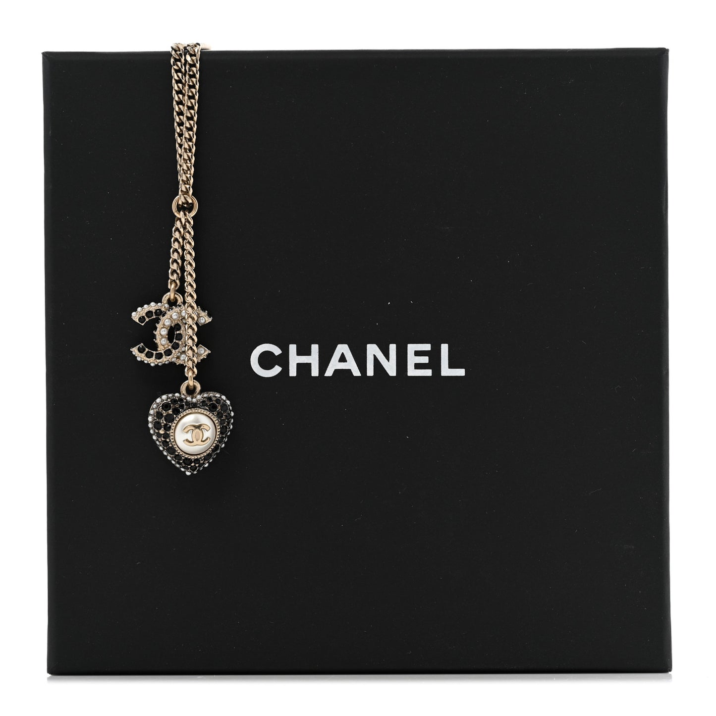 Crystal CC Heart Necklace Black Pearly White Gold