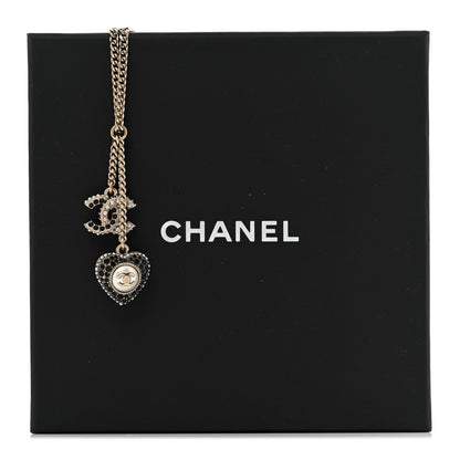 Chanel Crystal CC Heart Necklace Black Pearly White Gold 7 of 7