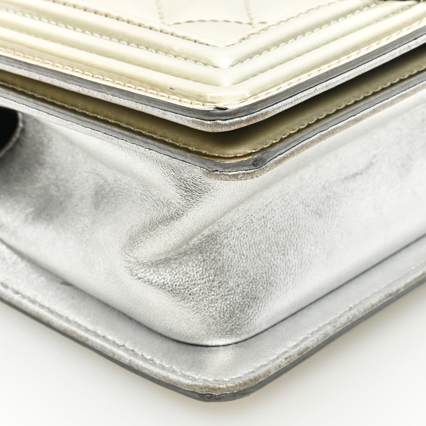 Metallic Patent Calfskin Quilted Small Boy Flap Silver