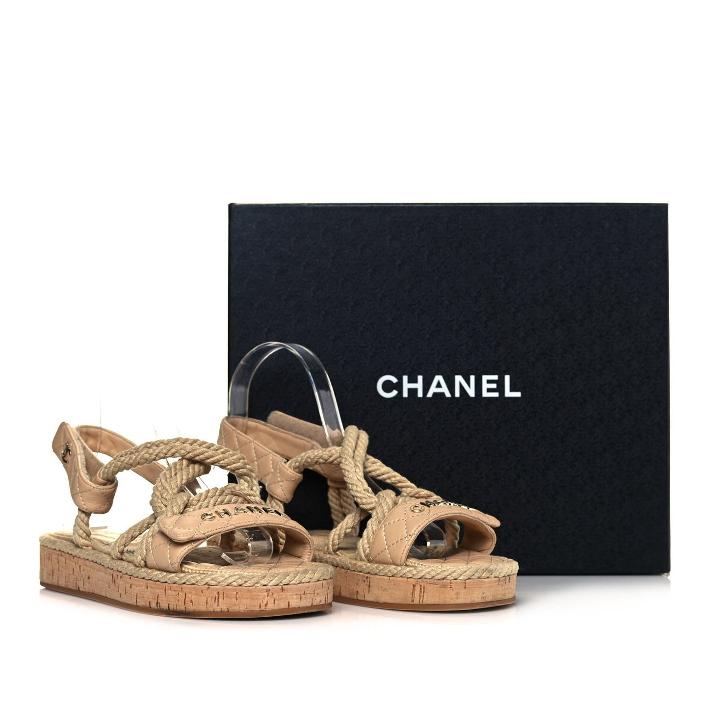 Cord Lambskin Quilted Logo Sandals 38 Beige
