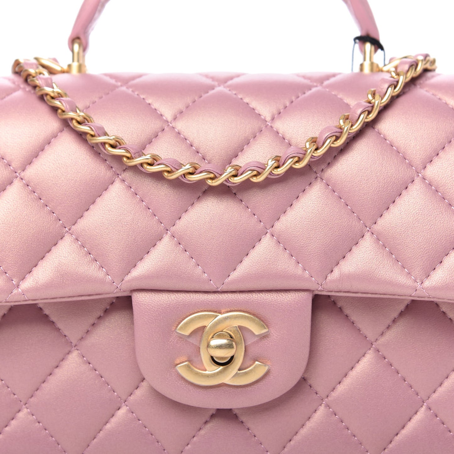Iridescent Lambskin Quilted Mini Top Handle Rectangular Flap Pink