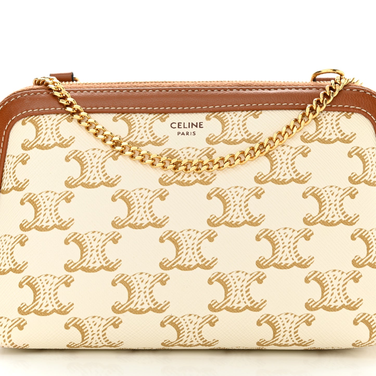 Lambskin Triomphe Canvas Clutch With Chain White Tan