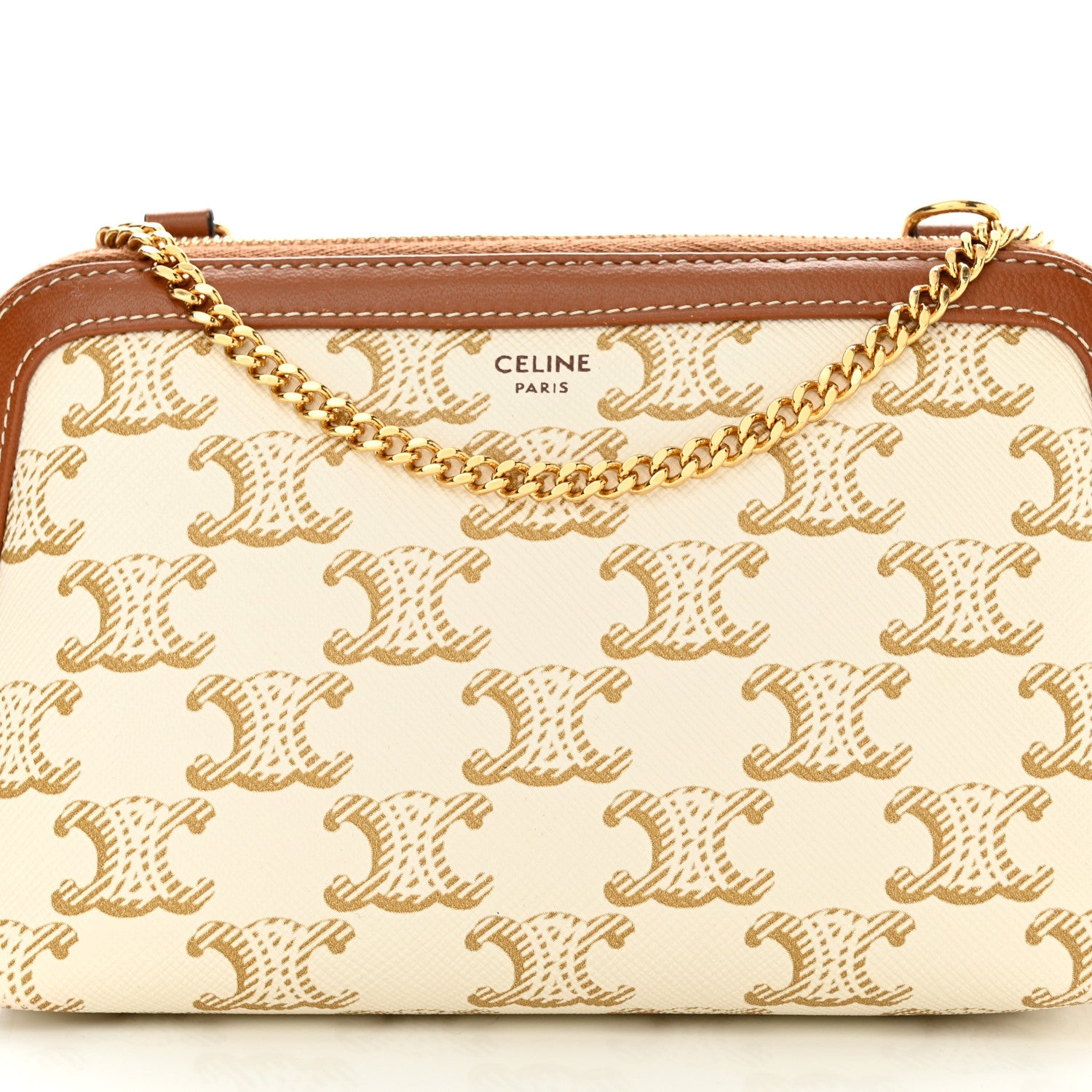 Celine Lambskin Triomphe Canvas Clutch With Chain White Tan 7 of 10