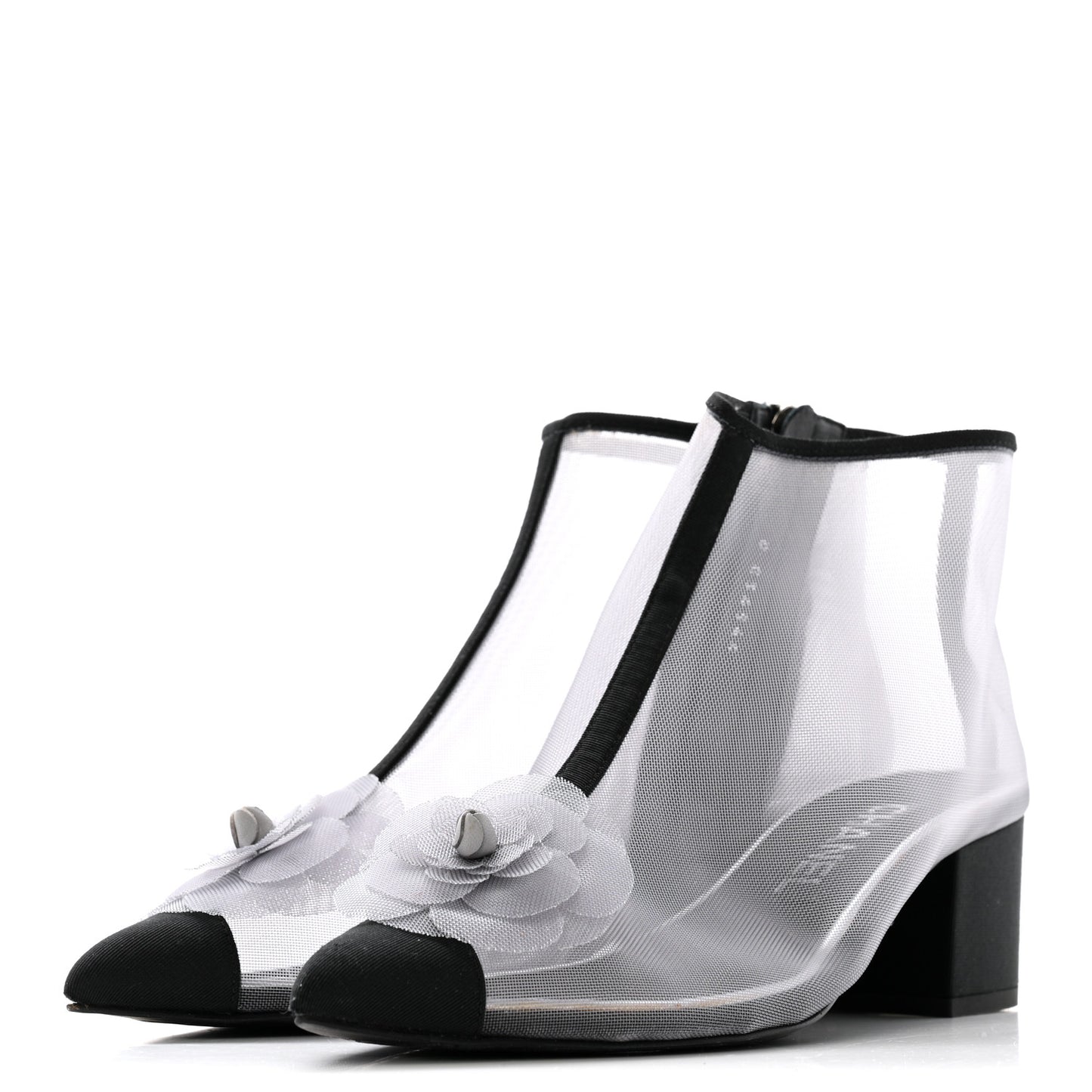 Mesh Grosgrain Camellia Short Boots 36 Grey Black