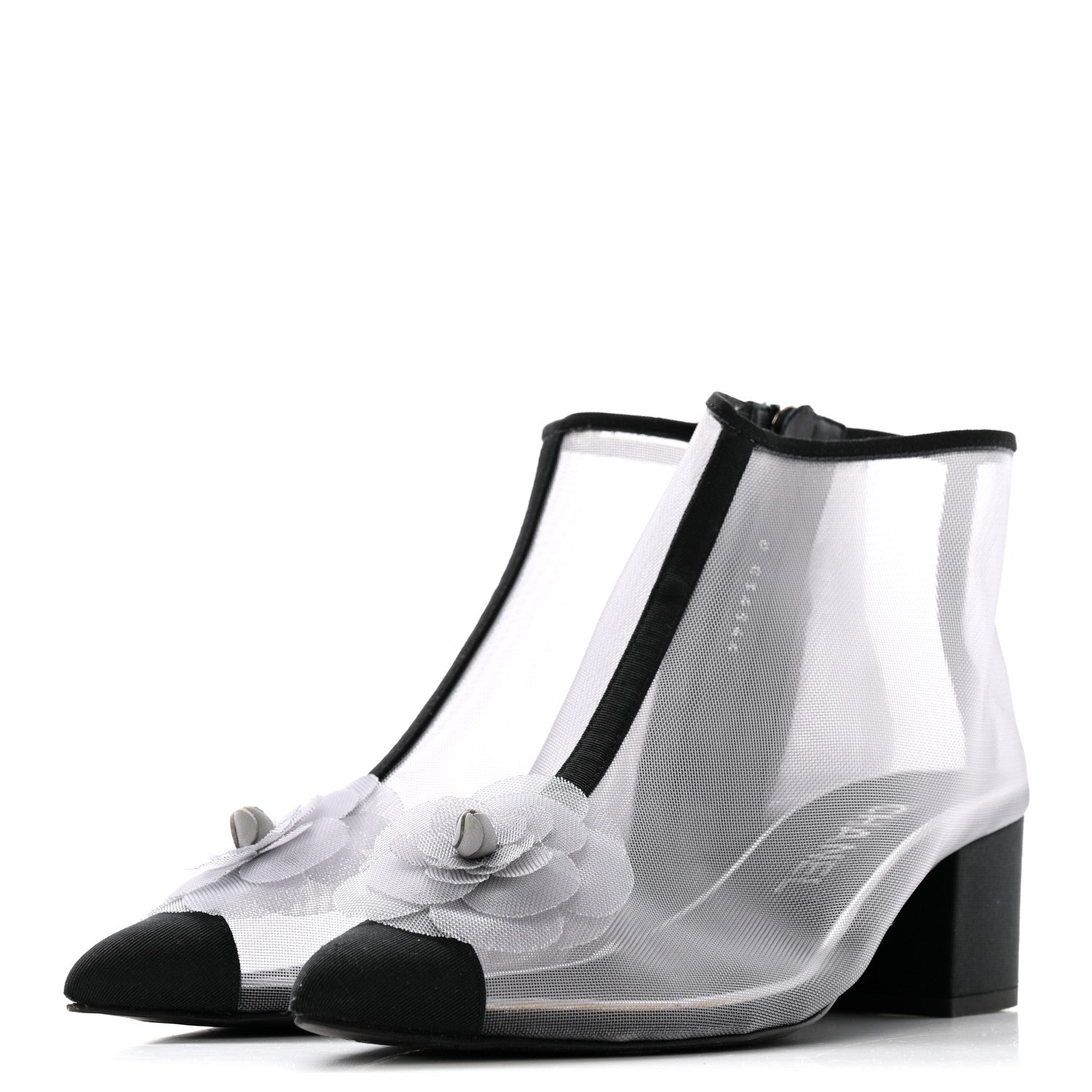 Chanel Mesh Grosgrain Camellia Short Boots 36 Grey Black 3 of 13