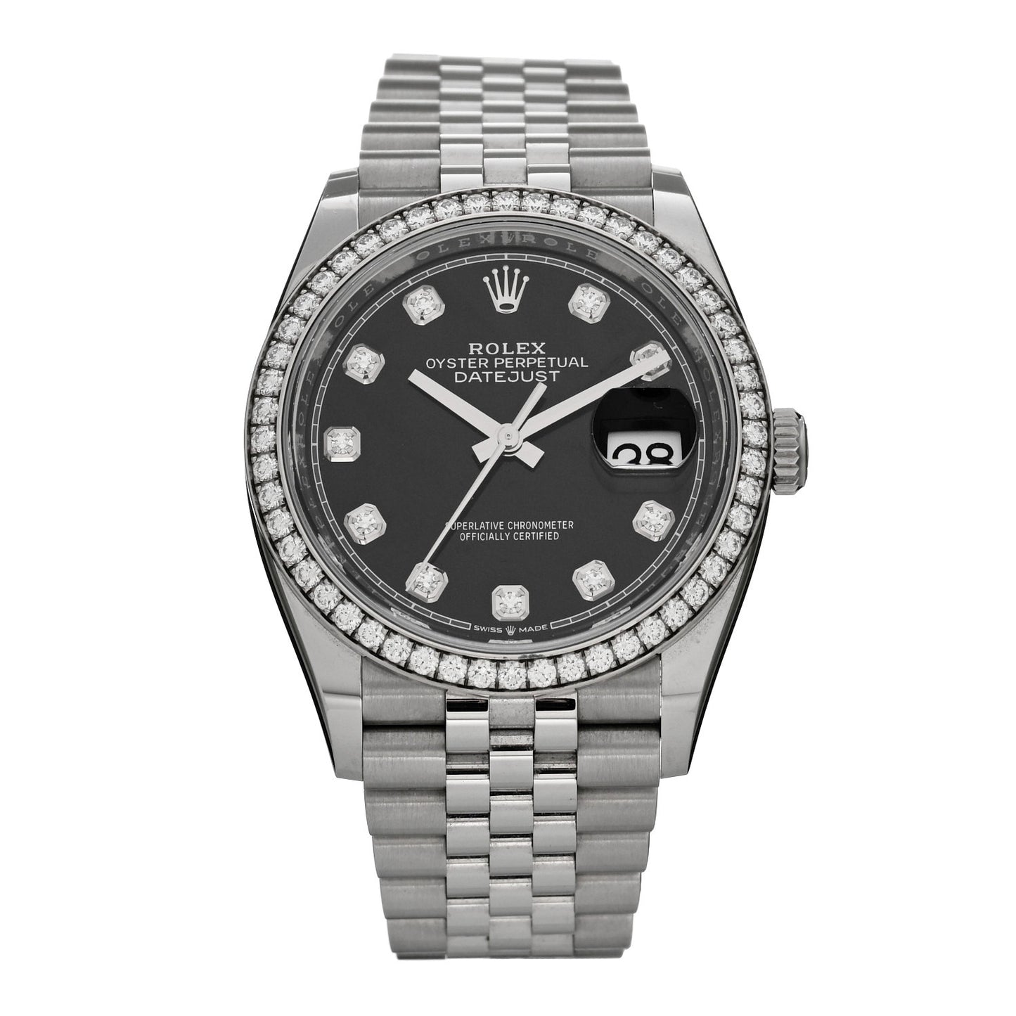 Stainless Steel 18K White Gold Diamond 36mm Oyster Perpetual Datejust Watch Black 126284RBR