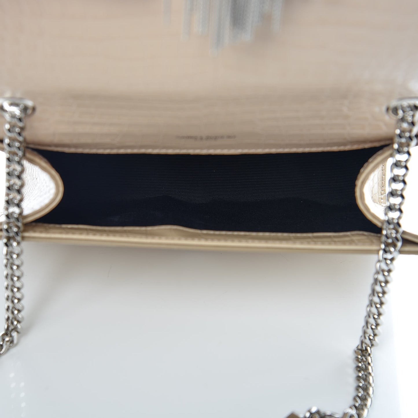 Croc Calfskin Embossed Small Classic Monogram Kate Tassel Satchel Beige