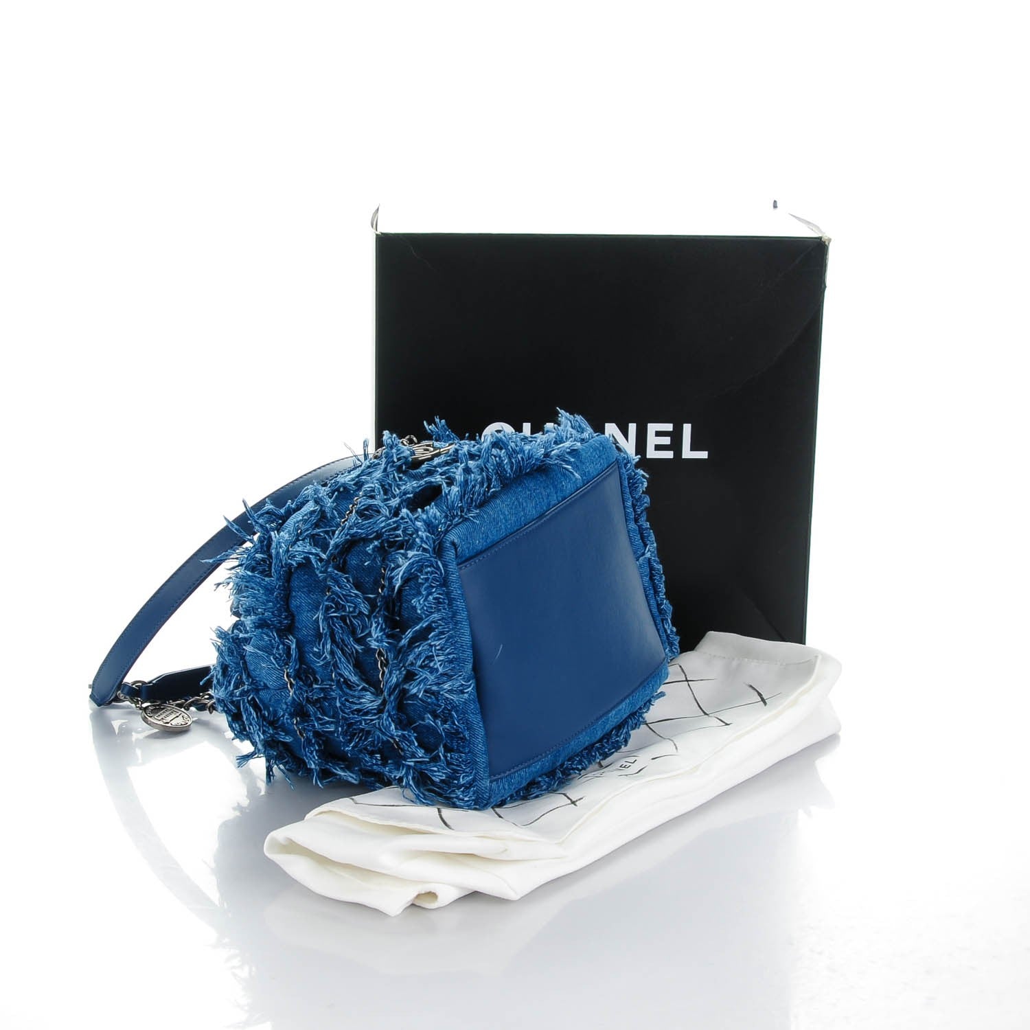 Chanel Calfskin Denim Fringe Chains CC Drawstring Bucket Bag Blue 4 of 8