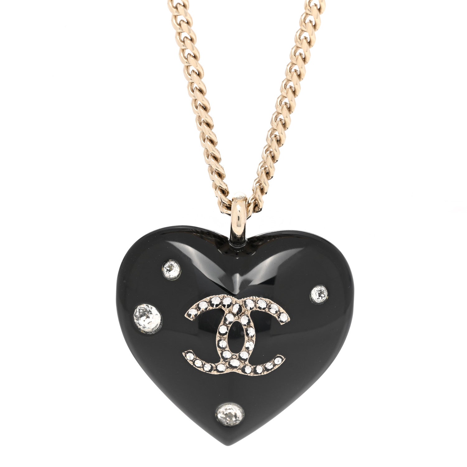 Chanel Resin Crystal CC Heart Necklace Black Gold 4 of 6