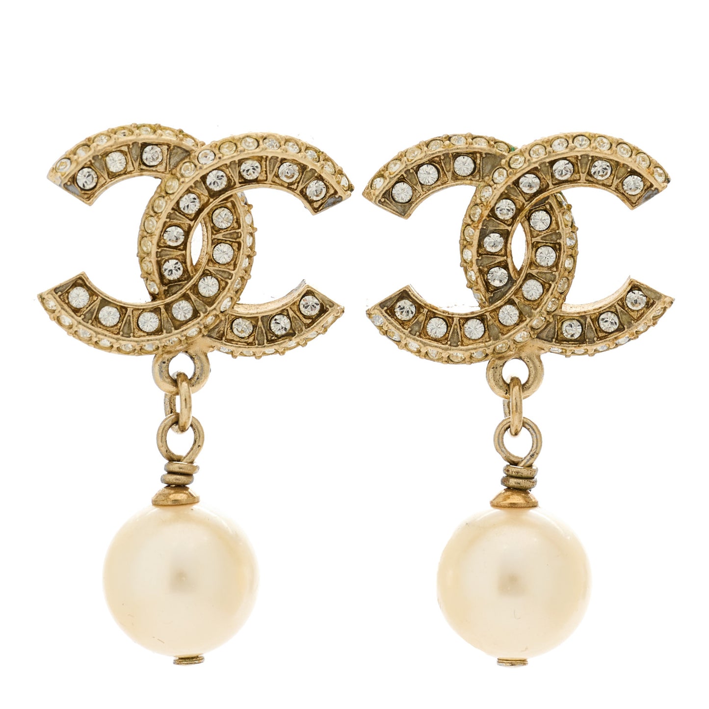 Crystal Pearl CC Drop Earrings Light Gold