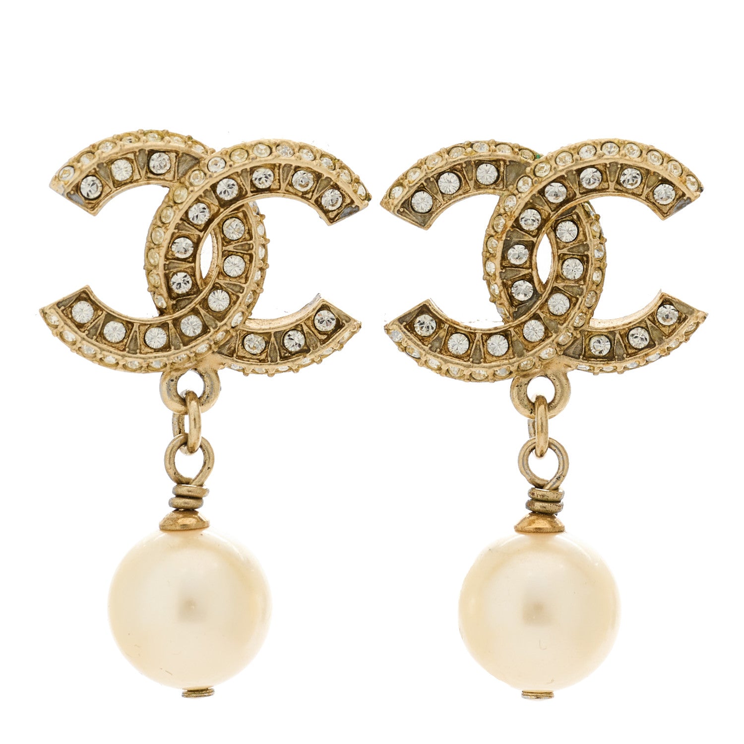 Chanel Crystal Pearl CC Drop Earrings Light Gold 1 of 5