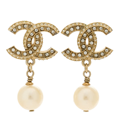 Chanel Crystal Pearl CC Drop Earrings Light Gold 1 of 5