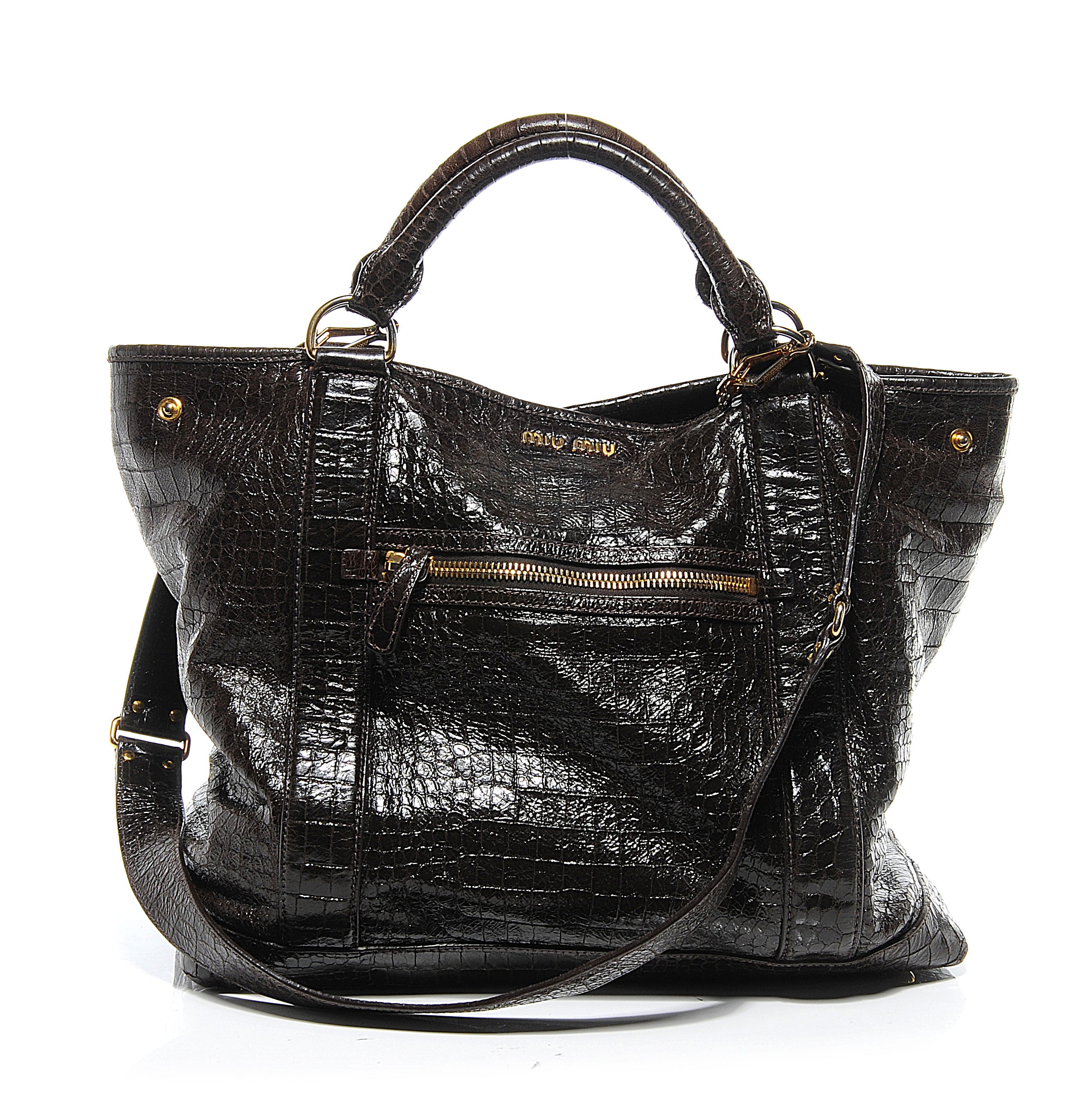 Miu Miu Calfskin Crocodile Embossed St Cocco Shopping Tote Moro