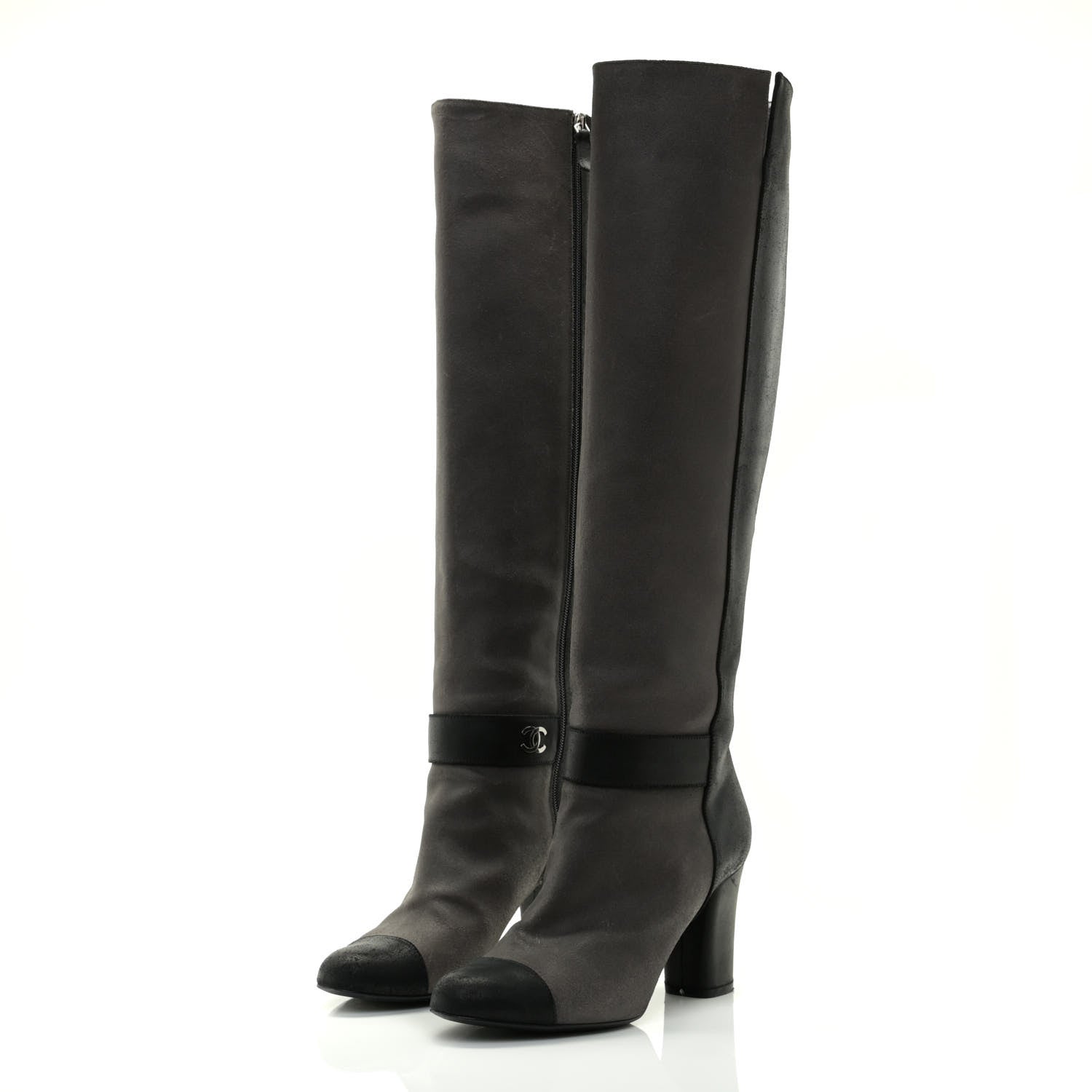 Chanel Suede Calfskin CC Cap Toe Knee High Boots 40 Black Grey 3 of 13