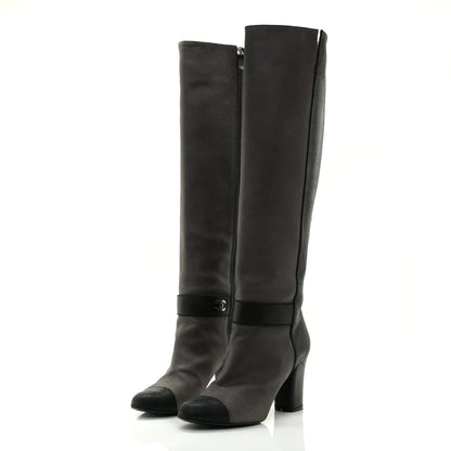 Chanel Suede Calfskin CC Cap Toe Knee High Boots 40 Black Grey 3 of 13