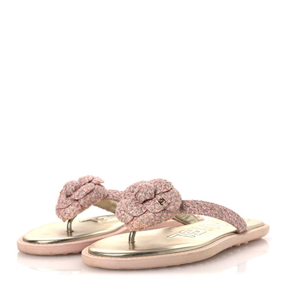 Chanel Tweed Camellia Thong Sandals 37.5 Salmon Apricot Gold 4 of 13