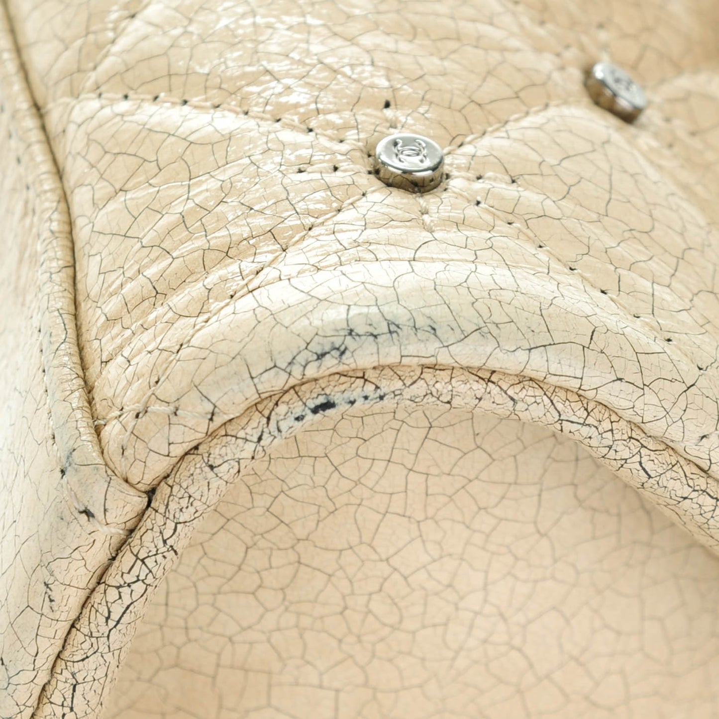 Glazed Crackled Calfskin Studded Mademoiselle Flap Beige