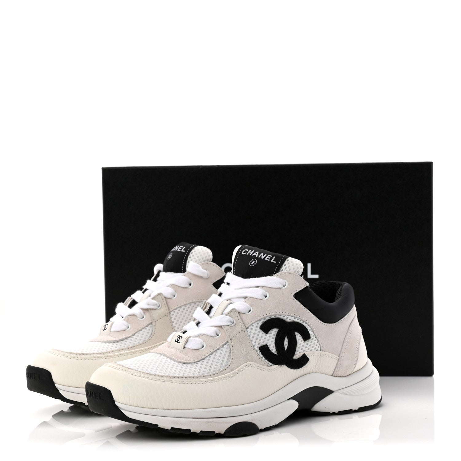 Chanel Mesh Suede Calfskin Grained Calfskin Womens CC Sneakers 37.5 White Black 11 of 11