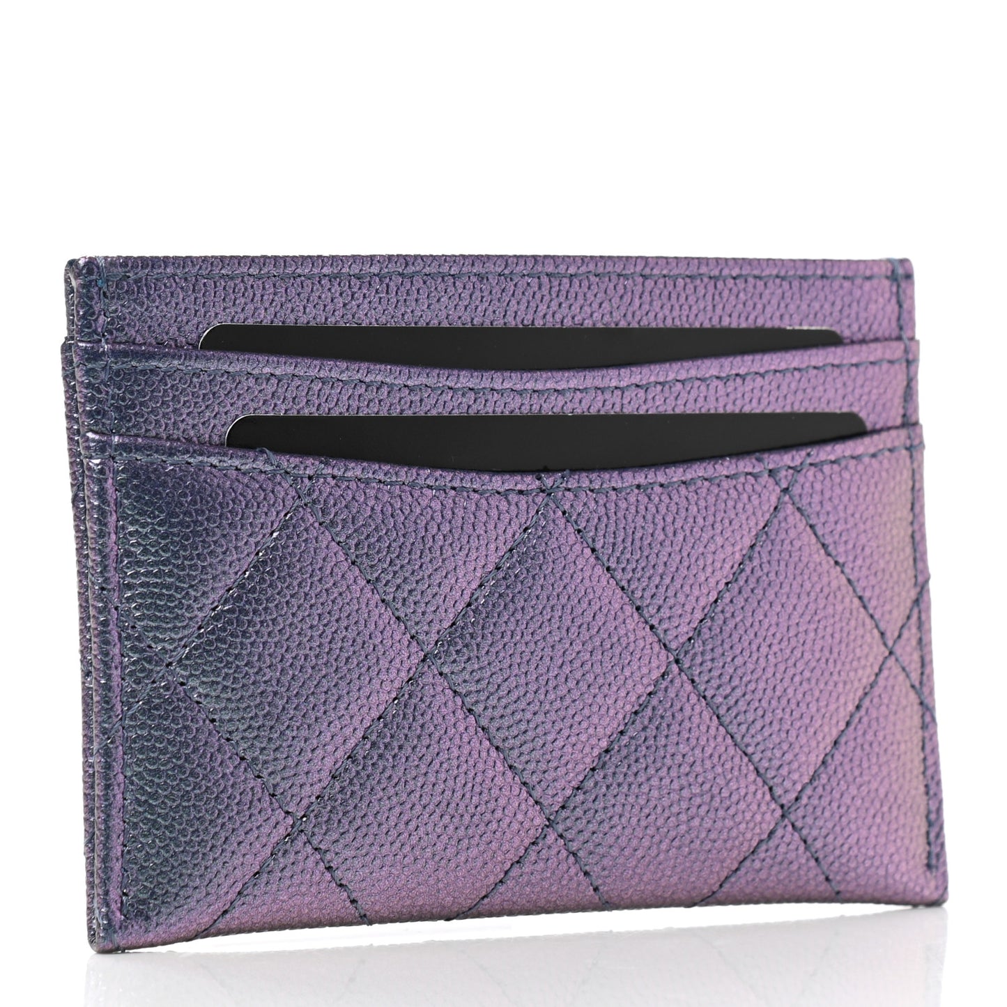 Iridescent Caviar Quilted Card Holder Dark Blue