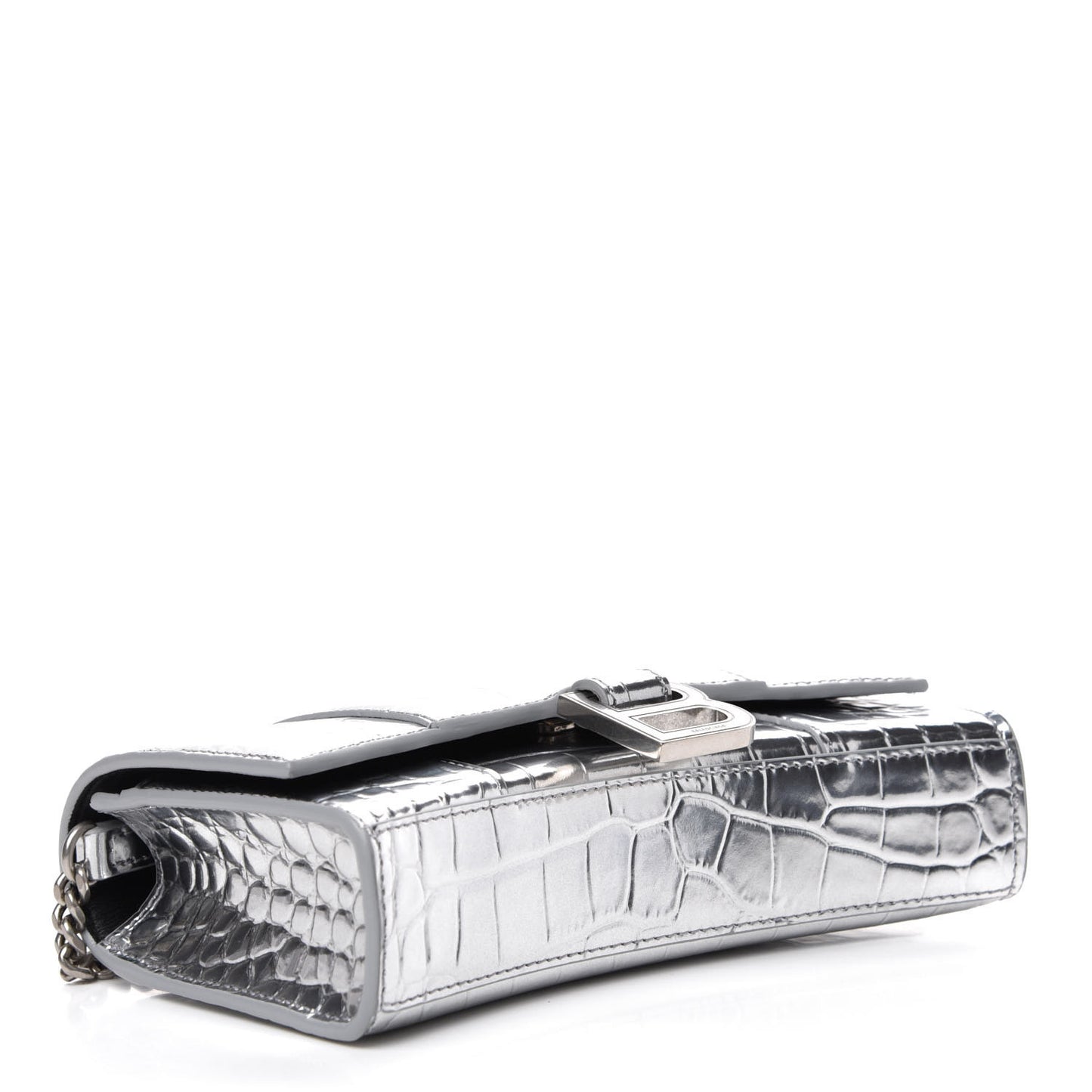 Metallic Calfskin Crocodile Embossed Hourglass Chain Bag Silver