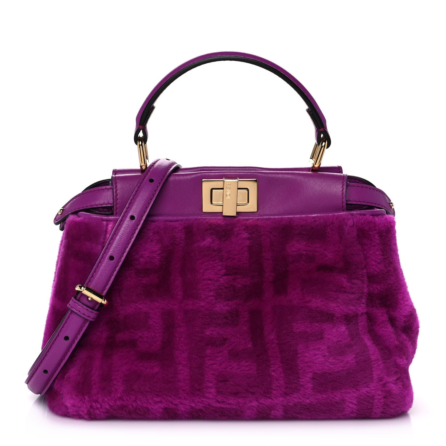 Fendi Shearling Nappa Macro FF 1974 Mini Peekaboo Iconic Satchel Bouganville Magenta Lilac 1 of 12