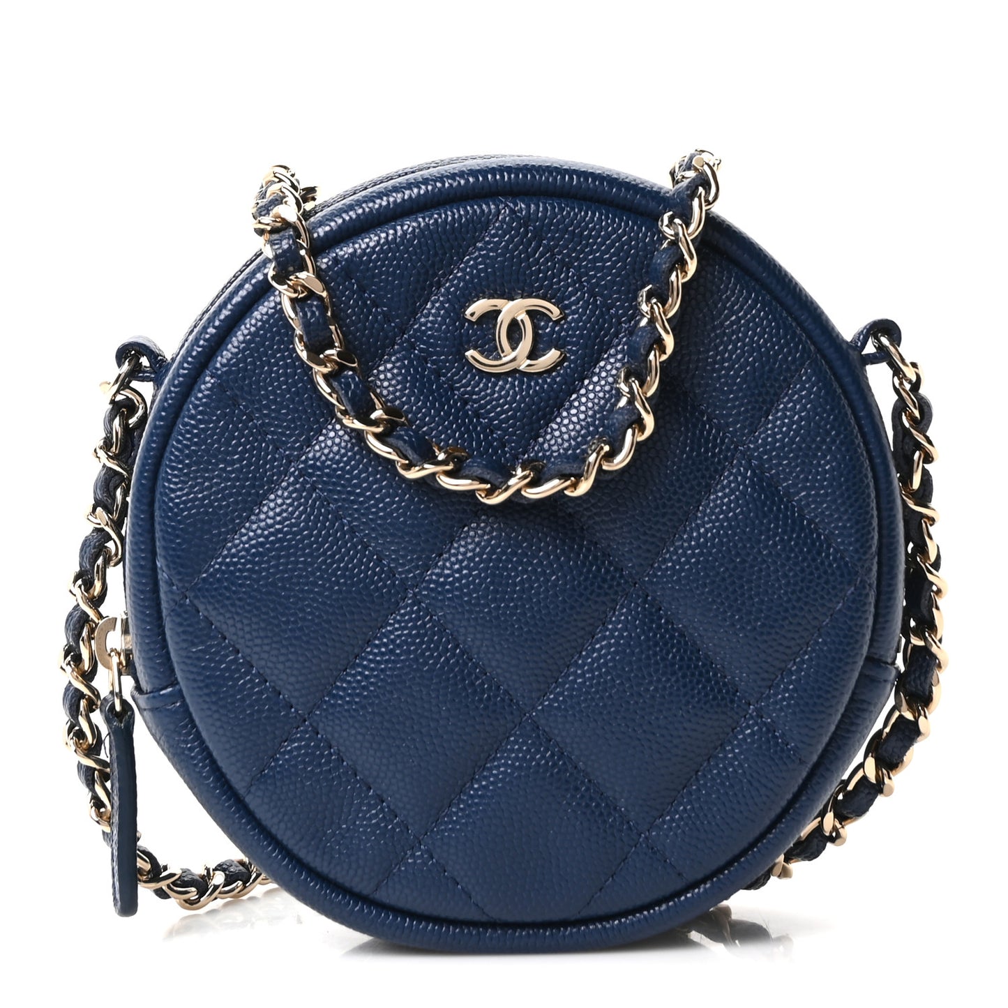 Caviar Quilted Round Clutch With Chain Navy