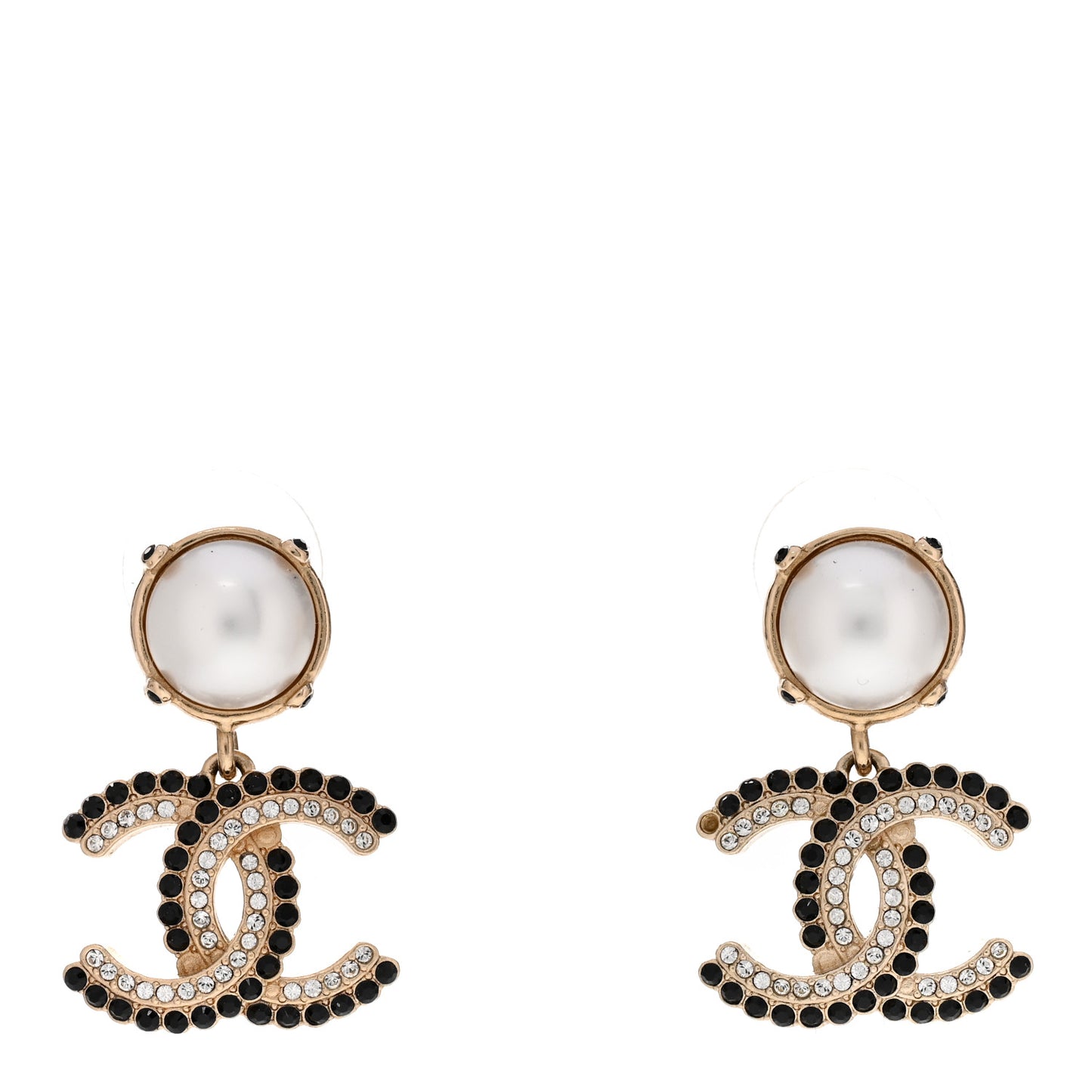 Pearl Crystal CC Drop Earrings Black Gold