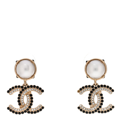 Chanel Pearl Crystal CC Drop Earrings Black Gold 1 of 5