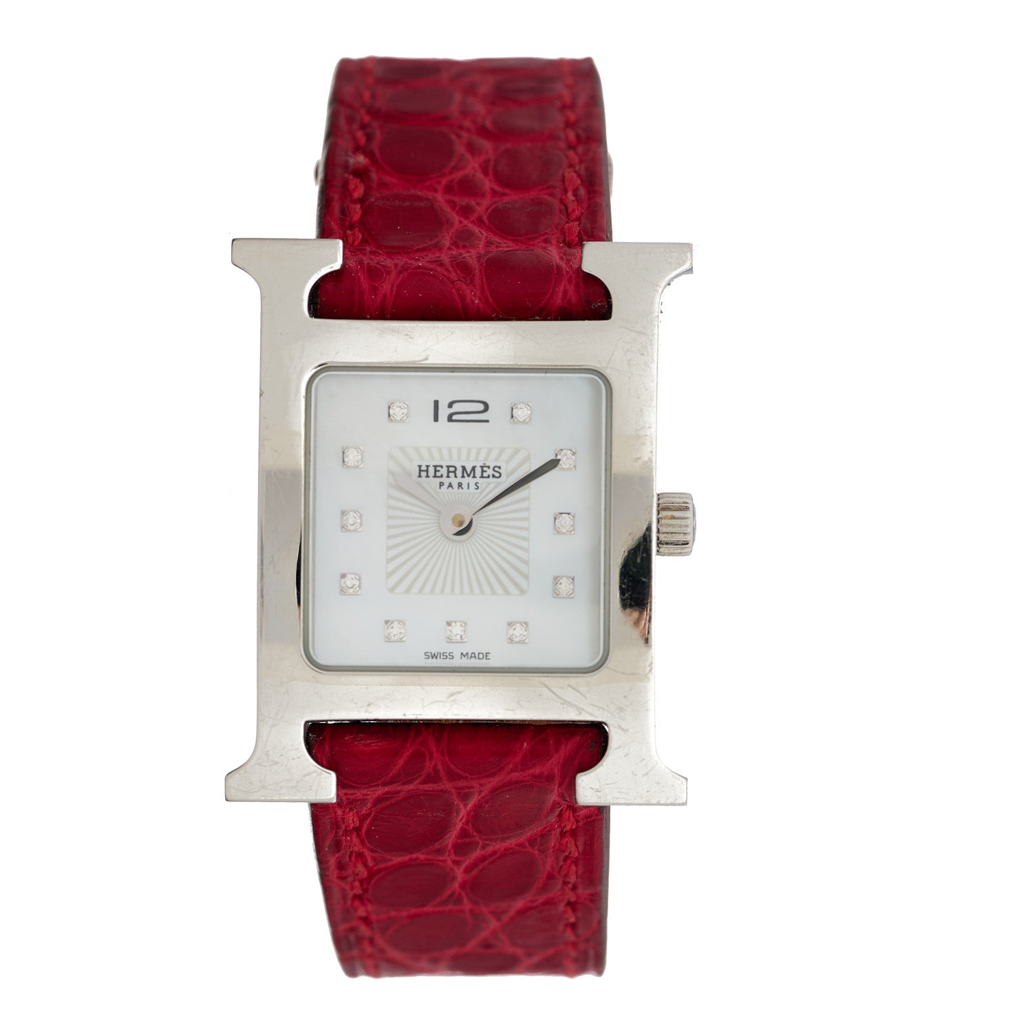 Hermes Stainless Steel Alligator Diamond Mother of Pearl 21mm Heure H Hour Quartz Watch Braise 1 of 4