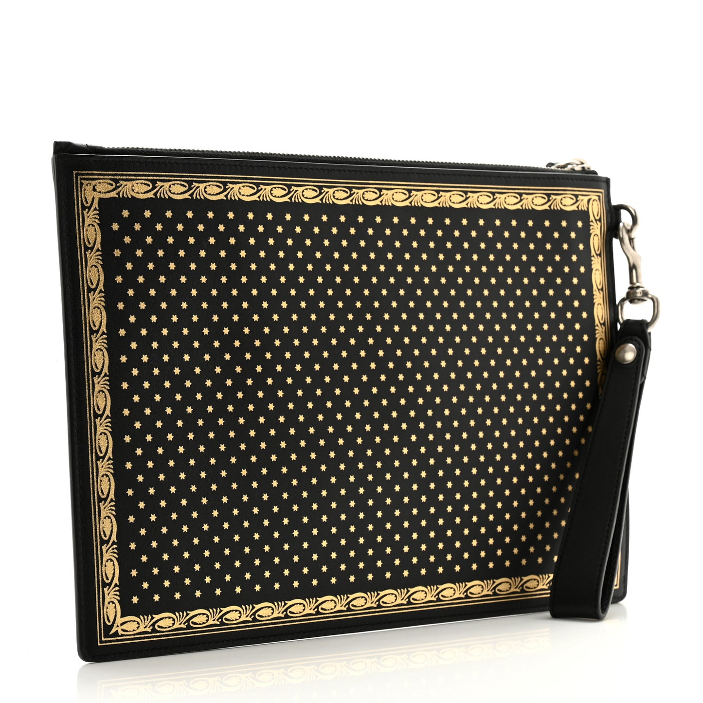 X SEGA Calfskin GUCCY Stars Zip Wristlet Pouch Black Gold