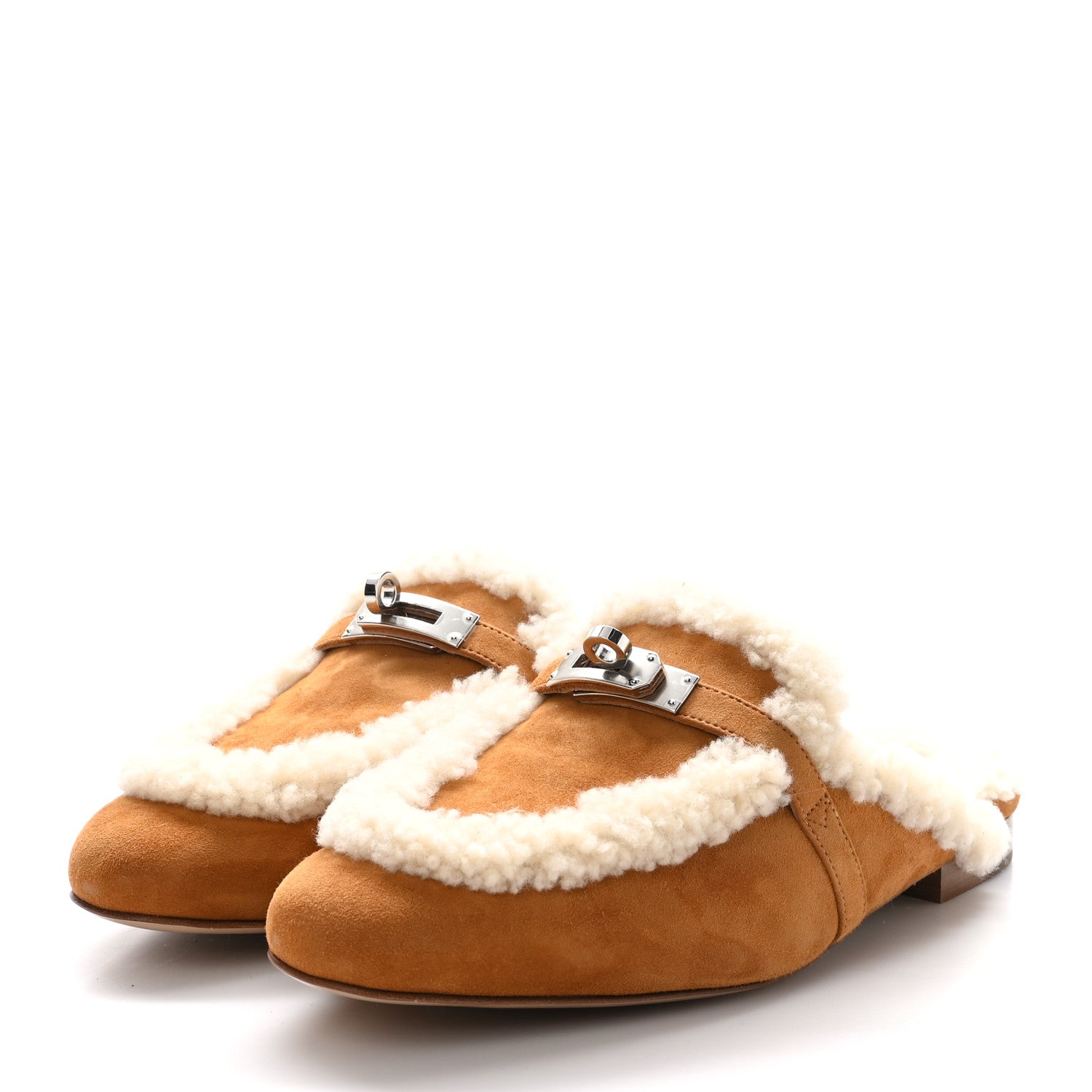 Hermes Suede Goatskin Woolskin Womens Oz Mules 37 Naturel 3 of 8