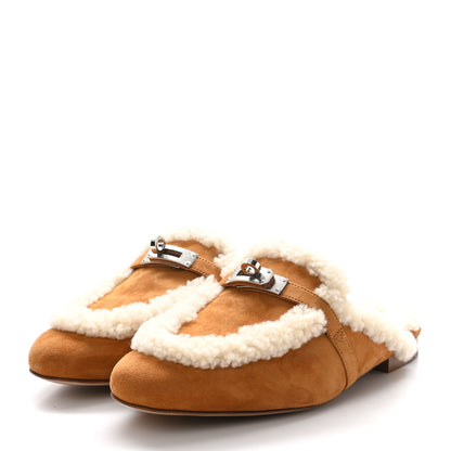 Hermes Suede Goatskin Woolskin Womens Oz Mules 37 Naturel 3 of 8