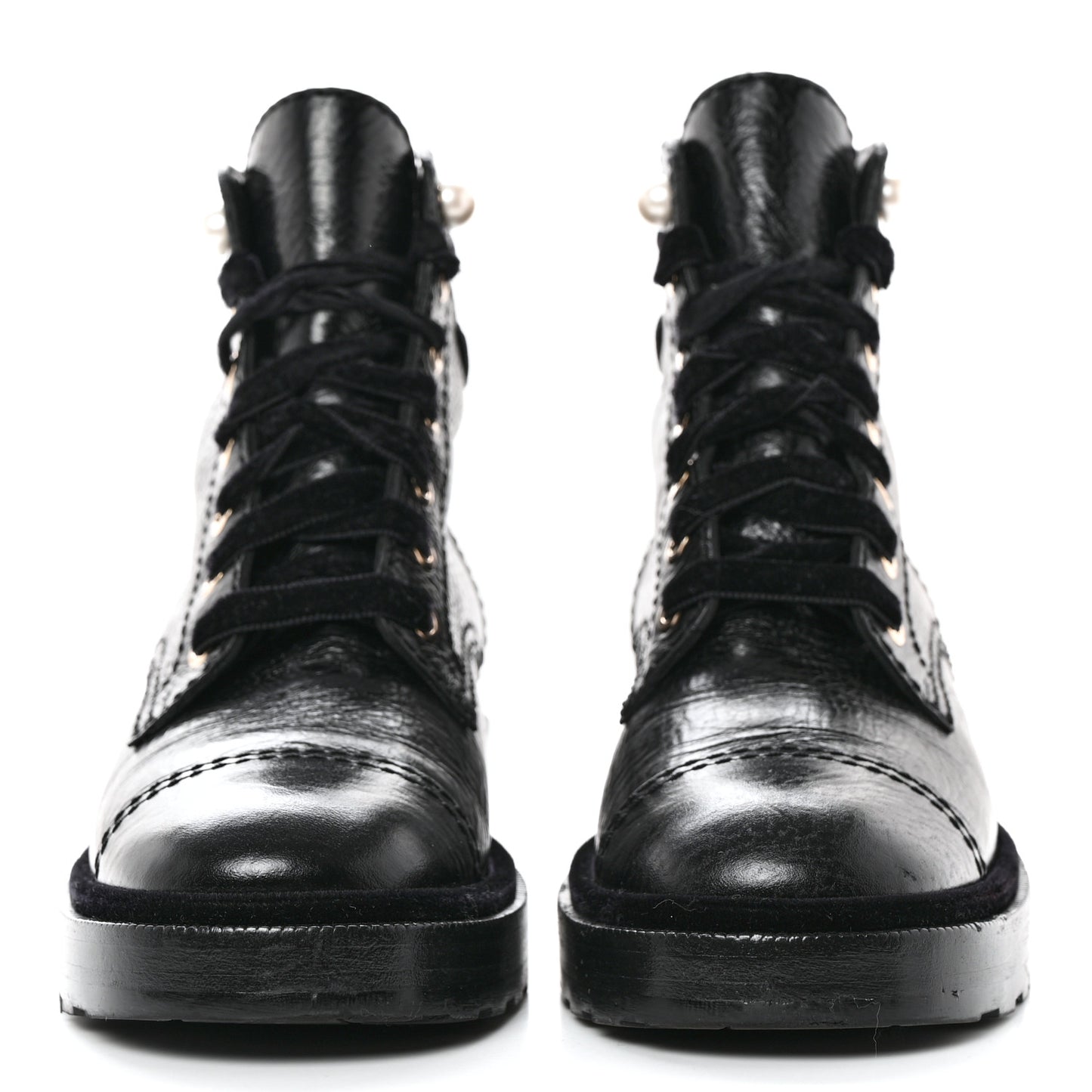 Shiny Calfskin Velvet Pearl Combat Short Boots 36 Black