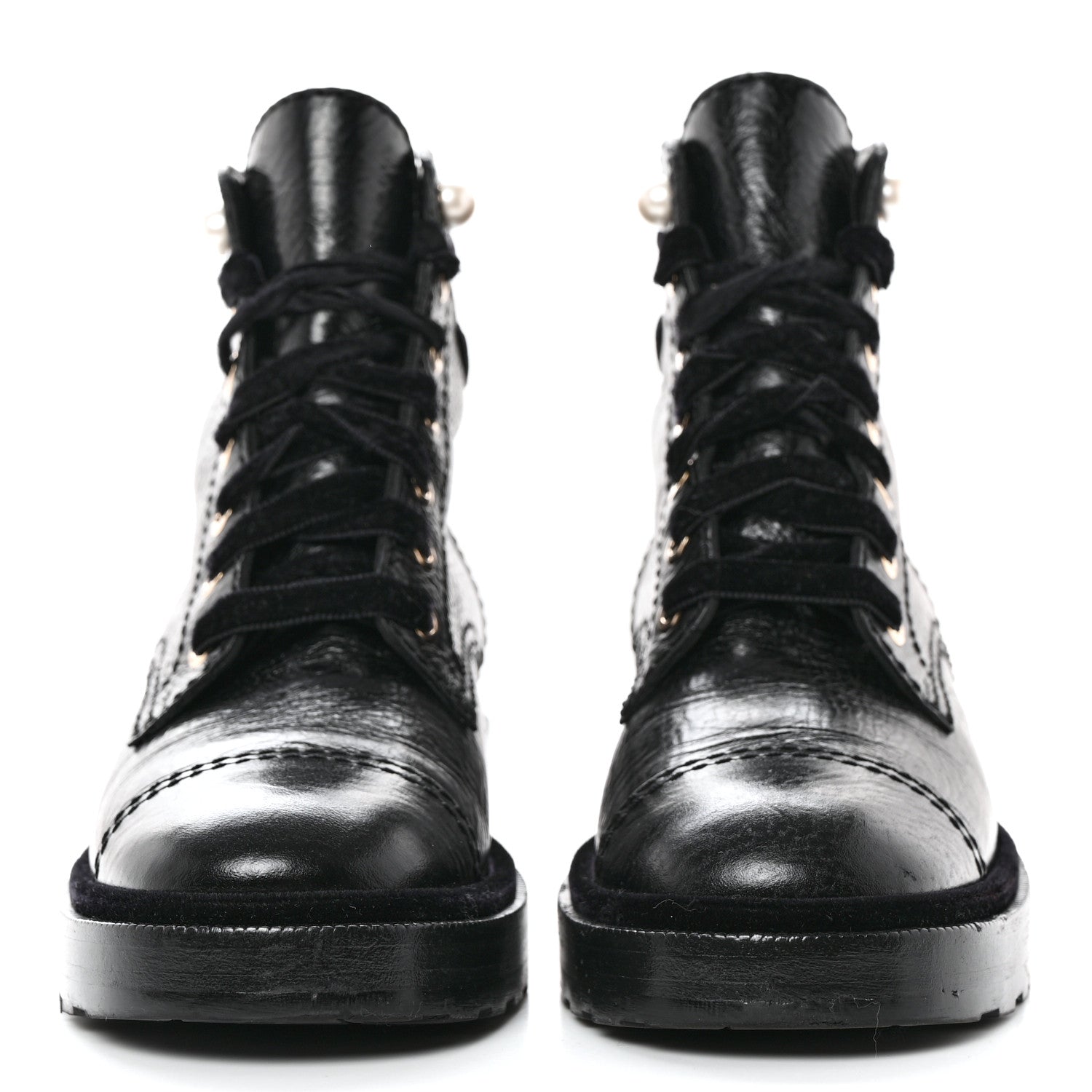 Chanel Shiny Calfskin Velvet Pearl Combat Short Boots 36 Black 2 of 7